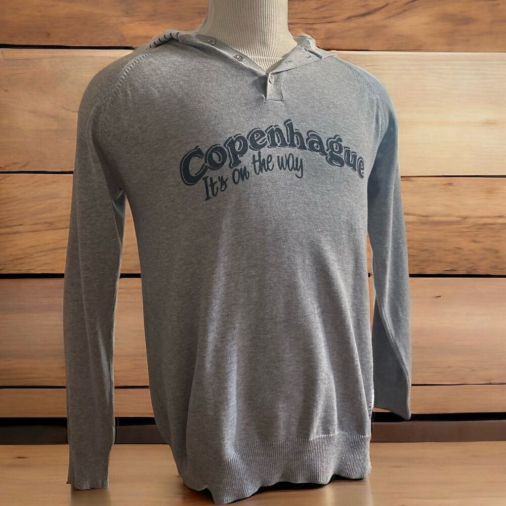 Zara Man Gray Hooded Henley 100% Cotton Sweater Graphic Print Long Sleeve Shirt